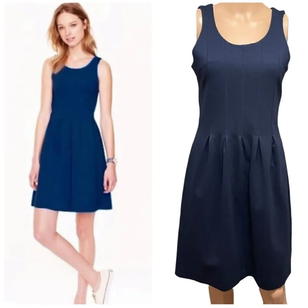 J. Crew Navy Scuba Reverse Pleats Fit & Flare Dress Sz 4